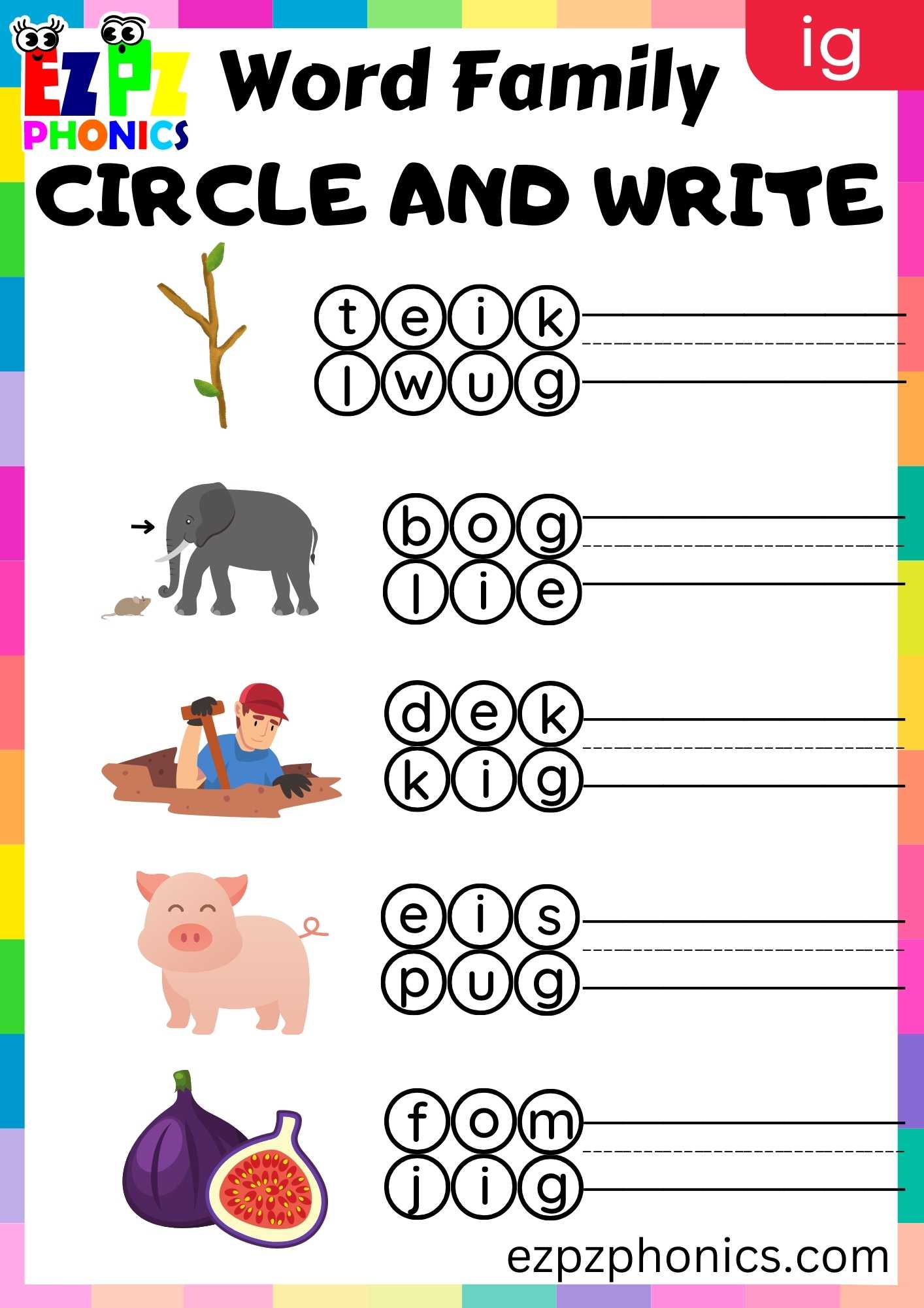 IG Words Circle And Write Phonics Word Families Worksheet